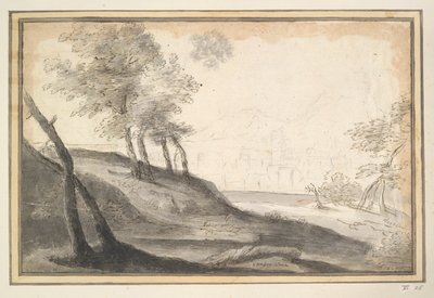 Paisagem montanhosa com árvores e cidade à distância de Unknown