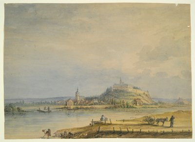 Cena do Rio com Cidade, Castelo na Colina e Camponeses Trabalhadores de Unknown