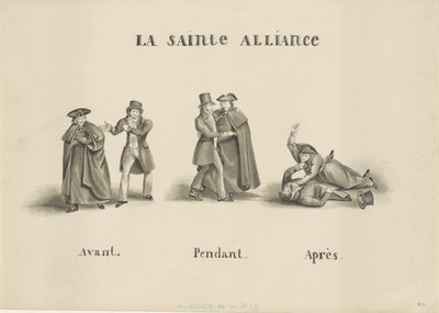 Desenho animado sobre a aliança feita entre o partido clerical católico romano e o partido Liberal contra o governo holandês, 1828
La Sainte Alliance (título sobre o objecto) de Unknown