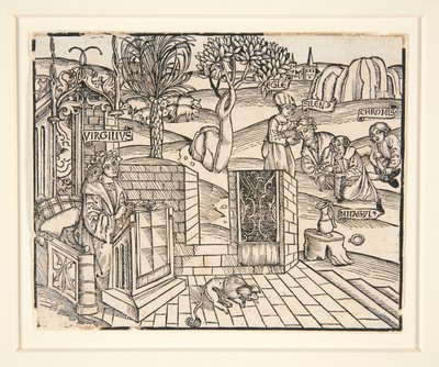 Os Shepherds Chromis e Mnasyle Tying Up the Sleeping Silenus. 1502. A partir de uma publicação ilustrada de Virgil de Unknown