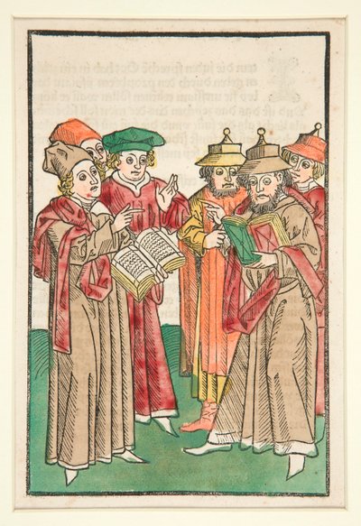 Three Christian and Three Jewish Scholars Disputing, ilustração de Der Seelen-Wurzgarten de Unknown