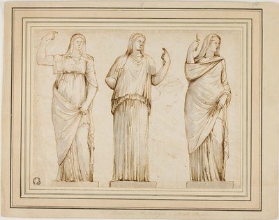 Três estátuas romanas de figuras femininas drapeadas e esboço de outra estátua em perfil à direita de Unknown