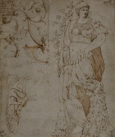 Três Esboços: Fortitude, Sandália e Grotescos (reto); Esboços de grotescos e couraça romana (verso) de Unknown