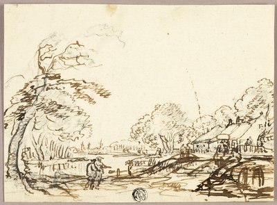 Duas figuras ao longo do rio perto de pontes e casas (anverso); duas figuras na ponte a olhar para um homem no poço (verso) de Unknown