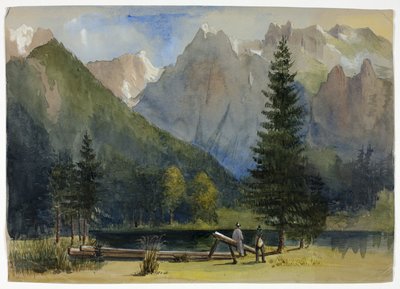 Dois homens por lagoa abaixo dos Alpes de Unknown