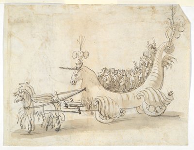 Dois estudos de figurino (reto); Carruagem em forma de unicórnio (verso) de Unknown