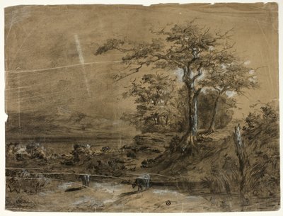 Paisagem arborizada com vacas em primeiro plano de Unknown
