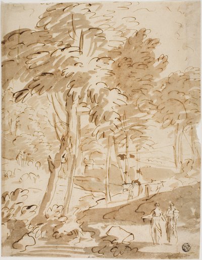 Paisagem arborizada com figuras e animais de Unknown