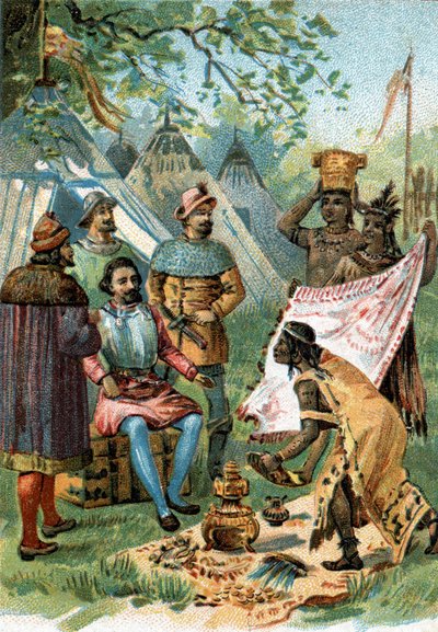 1518 - 1519: Fernand Cortez parte para a conquista do México e recebe os presentes do Imperador Montezuma. de Unknown artist