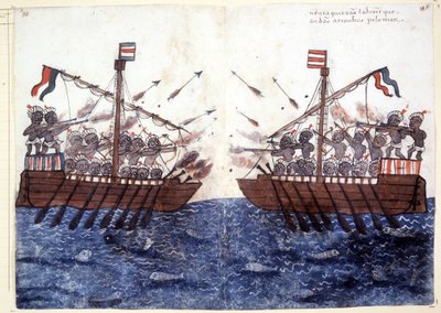 Gravura do século XVI retratando o encontro com um navio pirata no Oceano Índico. Roma biblioteca Casantense. de Unknown artist