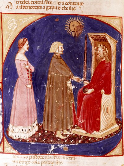 2º céu: Dante e Beatriz enfrentam o Imperador Romano Justiniano no 1º céu do Paraíso. Página iluminada ilustrando uma canção do Paraíso da "Divina Commedia" de Dante Alighieri (1265-1321). Século XIV, Veneza, Biblioteca Marciana de Unknown artist