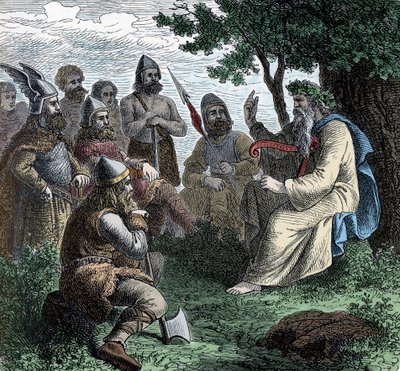 A Bard Reciting to Northmen - Viking Civilization: Um Bardo Druida Recite Poesia para Guerreiros, Século VIII-9 de Unknown artist