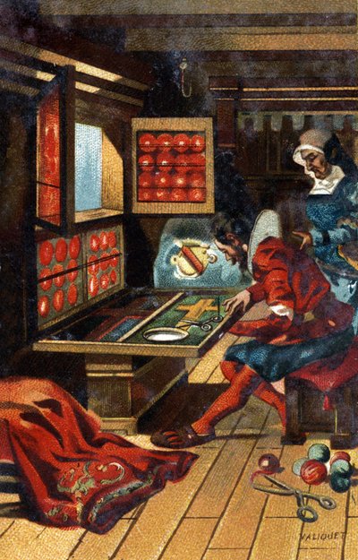 Um Chasublier (um obreiro que faz todo o tipo de roupa de igreja) em 1546. Cromolitografia do final do século XIX. de Unknown artist