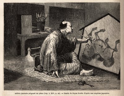 Um artista japonês pintando um yema (pintura lendária de cavalos). Gravura para ilustrar a viagem ao Japão, em 1863-1864, de Aime humbert, ministro da Confederação Suíça, no "Le tour du monde, nouveau journal des voyages" publicado sob a directti de Unknown artist