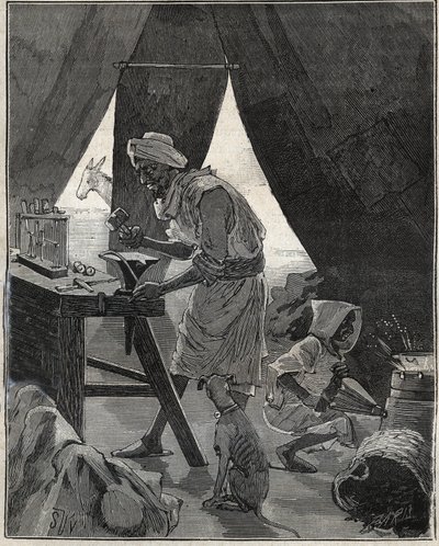 Um joalheiro Kabyle na Argélia, no século XIX. Gravura de 1885 em "Les arts et metiers illustres" de Adolphe BITARD. de Unknown artist