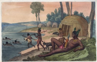 Uma vila de Korah Hottentot na margem esquerda do rio Orange - gravura de "Usos e costumes de todos os povos do Universo". Ou seja, a História do Governo, Leis, Milícias e Religião de todas as Nações desde os tempos mais remotos até o dia de hoje. de Unknown artist