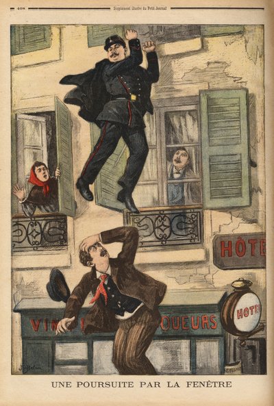 Um policial de Montreuil não hesita em atirar-se pela janela para perseguir um assaltante, que acaba de saltar para escapar aos seus perseguidores. Gravação no "Le petit journal" 17/12/1899. Coleção Selva. de Unknown artist