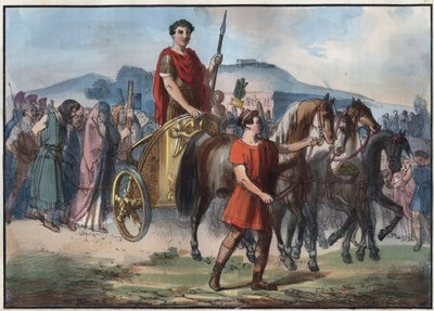 Um Triunfo Romano - gravura de "Usos e Costumes de Todos os Povos do Universo". Ou melhor, a história do governo, das leis, das milícias, da religião de todas as nações desde os tempos mais remotos até aos nossos dias" 1856 de Unknown artist