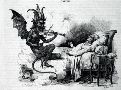 Um Satyre tocando violino na frente de Giuseppe Tartini (1692 - 1770), compositor, violinista e teórico italiano. Gravura do século XIX. de Unknown artist