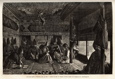 Uma escola tártara em Schusha (Transcaucasia, Rússia), a instrução é dada aos rapazes pelo mulá, e consiste exclusivamente em leitura e escrita, bem como comentários sobre os versos do Alcorão. Gravura para ilustrar a viagem nas províncias do Ca de Unknown artist