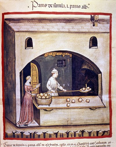 Um padeiro prepara pão branco e pão com sêmola. Iluminação a partir da ordenha de medicamentos e dietética "Tacuinum sanitatis". de Unknown artist