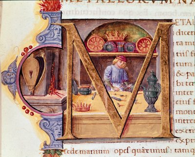 Um ferreiro a trabalhar na sua oficina. Mansucrito "História Natural" do escritor romano e naturalista Plínio o Ancião (23-79 d.C.) Veneza Biblioteca Marciana do século XV de Unknown artist