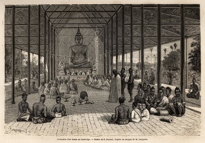 Uma cerimônia de ordenação em um templo nos arredores de Angkor, no Camboja. Gravura para ilustrar a viagem de exploração na Indochina, de Francis Garnier, tenente de Vaissseau, em 1866-1868, publicada em "Le tour du monde" 1870-1871, editada por de Unknown artist