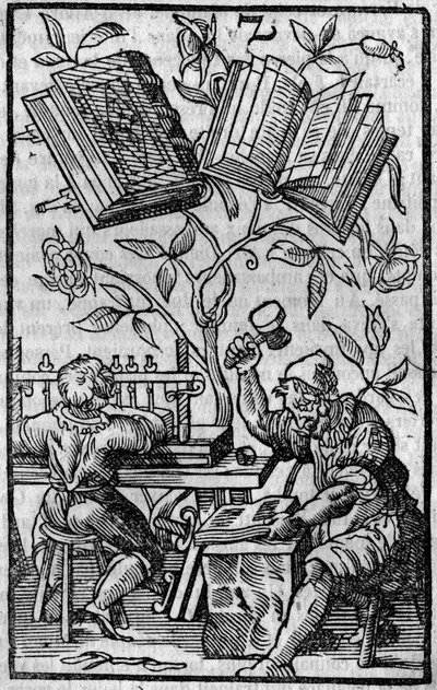 Uma oficina de encadernação de livros na Idade Média. de Unknown artist