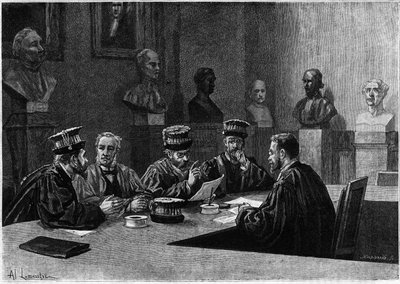 Uma defesa destes desde a escola de medicina do Bairro Latino em Paris. Gravura em "Le journal de la jeunesse". de Unknown artist