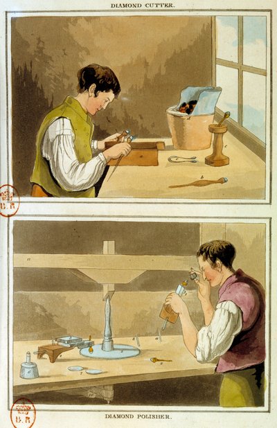 Um cortador de diamantes. Gravura do século XIX em Paris, B.N. de Unknown artist