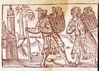 Uma família de noruegueses a viajar em esquis. Gravura de Olaus Magnus (1490 - 1557), religioso e geógrafo sueco, "Historia de Gentis Septentrionalibus", Veneza de Unknown artist