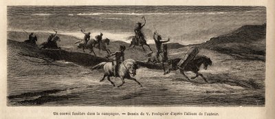 Um comboio fúnebre no campo islandês, dirigido por um cavalo carregando o caixão, seguido por cerca de trinta pessoas e uma manada de cães, gritando e ladrando durante todo o dia, parando em cada casa para beber um copo de álcool, para que o funebre de Unknown artist