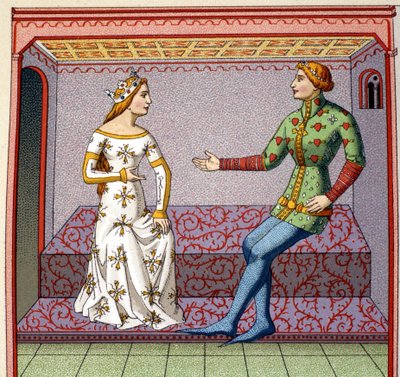 Uma cena galante na Idade Média: um jovem corteja uma princesa. Uma universidade falsa depois de um manuscrito. Século XIX. de Unknown artist