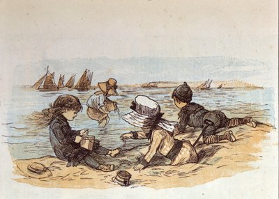 Um grupo de crianças a brincar junto à água na areia. 1881 de Unknown artist