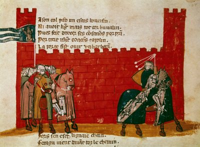 Um grupo de cavaleiros saindo de um castelo em miniatura da "Entrada de Espanha". Veneza do século XIV, Biblioteca Marciana de Unknown artist