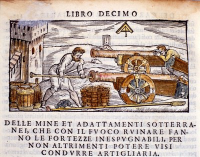 Um artilheiro a carregar uma arma com explosivos. Gravura da ordenha metalúrgica "De la Pyrotechnia" (ou Pirotecnia) de Vannoccio Biringuccio (1480-1539) 1550. de Unknown artist