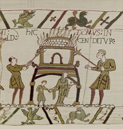 Uma casa é queimada pelos normandos, Bayeux Tapestry (bordado de lã em linho) de Unknown artist
