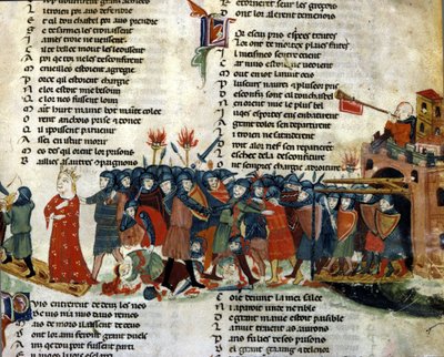 Um rei é feito prisioneiro e levado pelo exército inimigo enquanto as vítimas da batalha jazem no chão. Miniatura do "Roman de Troy" de Benoit de Saint Maure. Século XIV Biblioteca Marciana, Veneza de Unknown artist