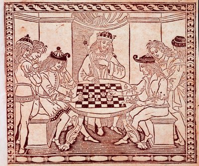 Um rei a ver um jogo de xadrez Xylography from the frontispiece of "De Ludo Scorcorum" de Jacopo de Cessoles (século XIV) Veneza Biblioteca Marciana de Unknown artist