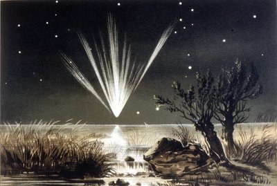Um meteorito a cair no mar. Litografia a cores do final do século XIX. de Unknown artist