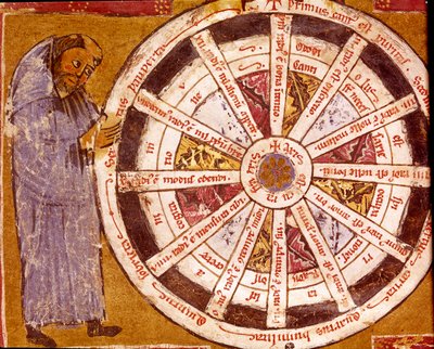 Um monge perto da roda da vida religiosa Miniatura das "Obras" de Hugo de Sancto Victore (Hugh de St. Victor) (ca. 1096- 1141) Século XII Biblioteca Governativa, Cremona de Unknown artist