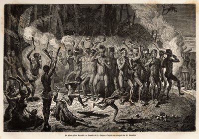 Um pilou-pilou (ou pílula ou comprimido) na noite, uma dança tradicional das cerimônias tribais Kanak. Gravura para ilustrar a viagem à Nova Caledônia, de Jules Garnier, engenheiro civil de minas, em 1863-1866, publicada em "Le tour du monde, nouveau jour de Unknown artist