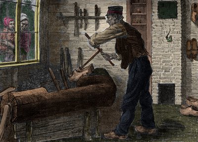 Um sabotador a trabalhar na sua oficina na Bélgica, em "Le journal de la jeunesse 1888". de Unknown artist