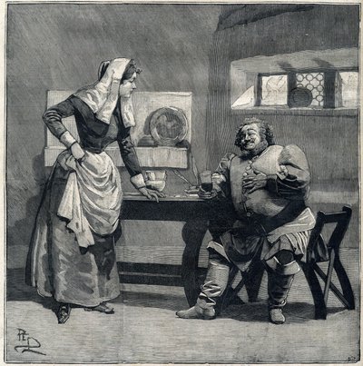 Uma cena de "Falstaff" do epônimo de ópera de Giuseppe Verdi foi criada em 1893. Gravura em "Le Parisien". de Unknown artist