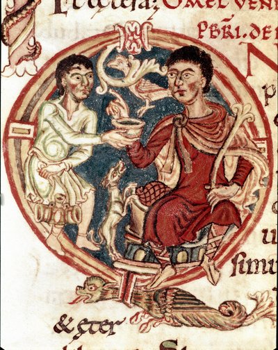 Um criado que serve para beber ao senhor Miniatura da "Lectionaire de la Cathedrale de Reims" Reims do século XI, biblioteca municipal de Unknown artist
