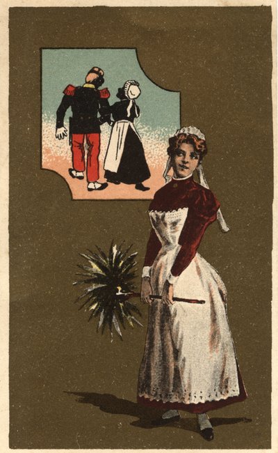 Um criado com uma pena. Ela sonhou com o braço de um soldado bonito. Cromolitografia anónima, no final do século XIX. de Unknown artist