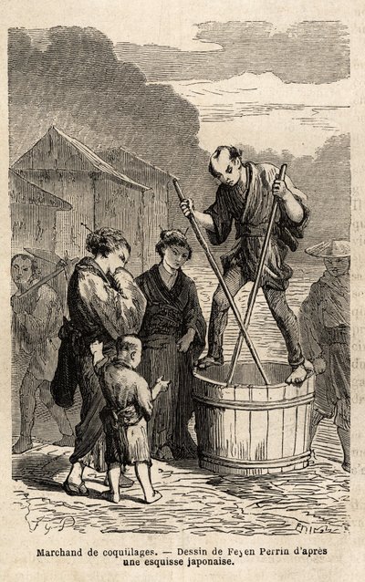 Um comerciante de conchas no meio da rua se levanta em equilíbrio no barril que contém suas mercadorias, que ele reboca com dois longos pauzinhos. Gravura para ilustrar a viagem ao Japão, em 1863-1864, de Aime Humbert, ministro da Confederação Suíça, em "L de Unknown artist
