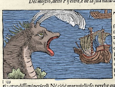 Um cachalote (?) (físico) ataca uma nave. Gravura de Olaus Magnus (1490 - 1557), religioso e geógrafo sueco, "Historia de Gentis Septentrionalibus", Veneza de Unknown artist