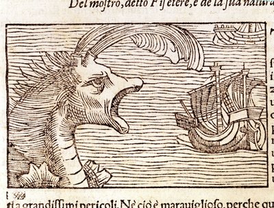 Um cachalote (?) (físico) ataca uma nave. Gravura de Olaus Magnus (1490 - 1557), religioso e geógrafo sueco, "Historia de Gentis Septentrionalibus", Veneza de Unknown artist