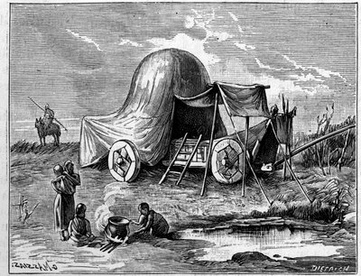 Uma tenda montada num carrinho desde o tempo dos Gauleses. Gravura em "La Nature: Revue des sciences et de leurs applications aux arts et a l